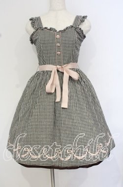 画像1: DearMyLove / 裾リボン刺繍ギンガムチェック配色ジャンパースカート M クロ O-25-10-14-009-EL-OP-OW-OS
