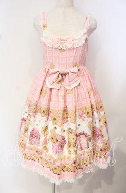 画像1: BABY,THE STARS SHINE BRIGHT / くまくみゃちゃんのスウィートチョコレート柄ベビードールジャンパースカート  ピンク O-25-10-14-092-BA-OP-OW-OS
