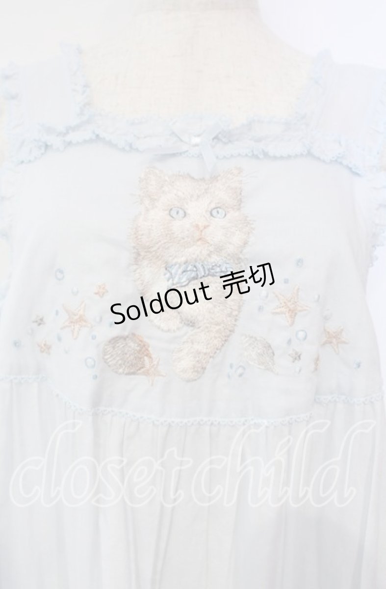 画像2: PINK HOUSE / さざ波とねこ刺繍ローンタブリエ  ミズイロ O-25-10-14-119-LO-TO-OW-OS (2)