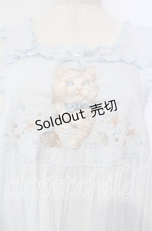 画像2: PINK HOUSE / さざ波とねこ刺繍ローンタブリエ  ミズイロ O-25-10-14-119-LO-TO-OW-OS (2)