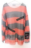 MOTTOAISHITE / ZIP使いボーダーメッシュトップス  ブラックｘレッド O-25-10-24-038-LO-TO-YM-OS