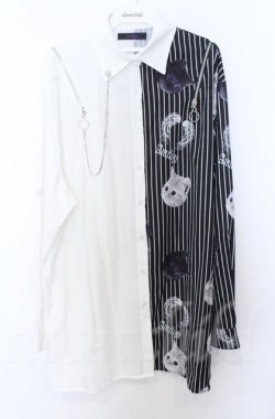 画像1: Amilige / バイカラーCATプリントシャツ  ホワイトｘブラック O-25-10-24-061-PU-BL-YM-OS