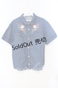 Candy Stripper / ねこ刺繍デニム風ブラウス  インディゴ O-25-10-25-059-PU-BL-IG-OS