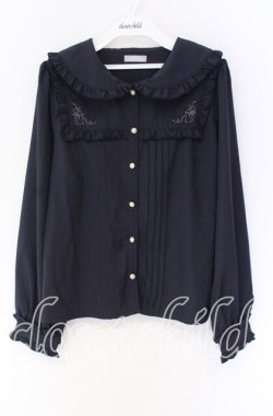 画像1: axes femme POETIQUE / バブーシュカ付ウサギ刺繍ブラウス M ネイビー O-25-10-29-014-AX-BL-OW-OS