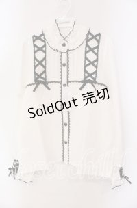 DearMyLove / レースアップフリル襟ブラウス L シロ×クロ O-25-10-30-052-EL-BL-OW-OS