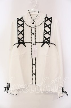 画像1: DearMyLove / レースアップフリル襟ブラウス L シロ×クロ O-25-10-30-052-EL-BL-OW-OS