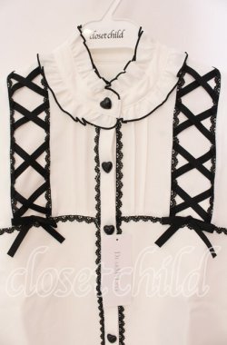 画像2: DearMyLove / レースアップフリル襟ブラウス L シロ×クロ O-25-10-30-052-EL-BL-OW-OS