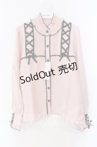 DearMyLove / レースアップフリル襟ブラウス L ピンク×クロ O-25-10-30-053-EL-BL-OW-OS