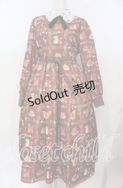 画像1: axes femme kawaii / 森のケーキ屋さん柄ワンピース M ワイン O-25-10-30-1001-AX-OP-OW-OS