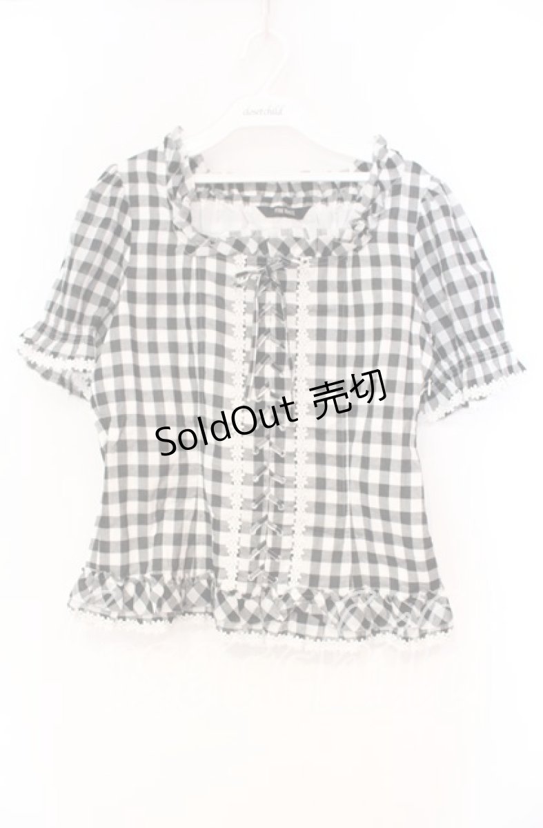 画像1: PINK HOUSE / レースアップギンガムパフブラウス  クロ O-25-10-31-080-LO-BL-IG-OS (1)