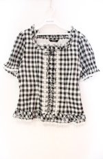 画像1: PINK HOUSE / レースアップギンガムパフブラウス  クロ O-25-10-31-080-LO-BL-IG-OS (1)