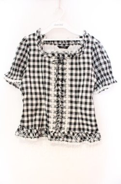 画像1: PINK HOUSE / レースアップギンガムパフブラウス  クロ O-25-10-31-080-LO-BL-IG-OS