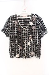 TOMATSU / フラワーモチーフチェックカーディガン  クロ O-25-10-31-084-LO-TO-IG-ZT461