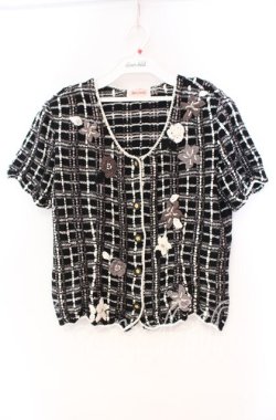 画像1: TOMATSU / フラワーモチーフチェックカーディガン  クロ O-25-10-31-084-LO-TO-IG-OS