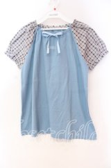 PINK HOUSE / チェックパフスリーブカットソー M サックス O-25-10-31-087-LO-TO-IG-ZT463