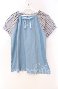 PINK HOUSE / チェックパフスリーブカットソー M サックス O-25-10-31-087-LO-TO-IG-ZT463