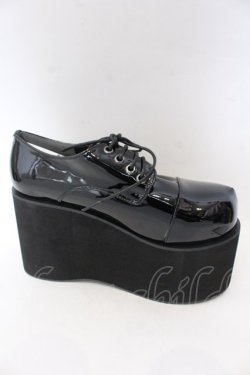 画像5: DearMyLove / 11cm厚底レースアップおでこパンプス 25.5cm ブラックエナメル O-25-10-31-2074-EL-SH-OW-OS