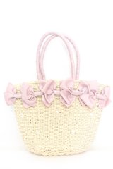 axes femme POETIQUE / リボン雑材風バッグ 23×20×13cm ナチュラル×ピンク O-25-10-31-2002-AX-BG-IG-ZT308