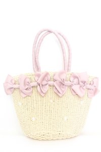 axes femme POETIQUE / リボン雑材風バッグ 23×20×13cm ナチュラル×ピンク O-25-10-31-2002-AX-BG-IG-ZT308