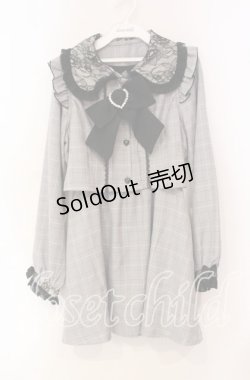 画像1: DearMyLove / セットアップ風レース重ねリボンワンピース M グレーチェック O-25-11-03-089-EL-OP-OW-OS