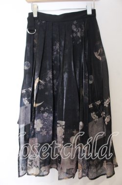 画像1: Nyanya / 月下の花和風プリントプリーツスカート  クロ O-25-11-07-014-EL-SK-IG-OS