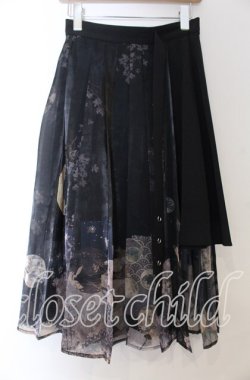 画像2: Nyanya / 月下の花和風プリントプリーツスカート  クロ O-25-11-07-014-EL-SK-IG-OS