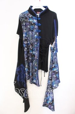 画像1: Qutie Frash / チャイナ着物袖カットソー  ブルー×ブラック O-25-11-10-054-QU-TO-IG-OS