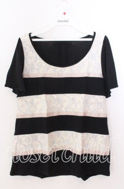 画像1: axes femme / レースボーダーTシャツ  クロ×アイボリー O-25-11-11-2054-AX-TO-IG-OS