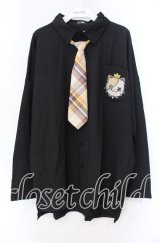 NieR Clothing / ミケ刺繍入りロングシャツ【ワンタッチネクタイ付き】  ブラック×ベージュ O-25-11-11-021-PU-BL-IG-ZT266