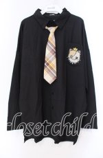画像1: 【SALE】NieR CLOTHING / ミケ刺繍入りロングシャツ【ワンタッチネクタイ付き】  ブラック×ベージュ O-25-11-11-021-PU-BL-IG-ZT266 (1)