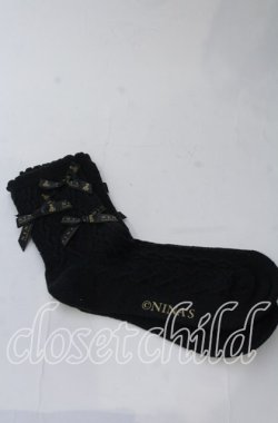 画像1: m petit by misako / ロゴリボンクルーソックス  クロ O-25-11-12-1029-LO-ZA-OW-OS