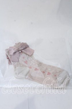 画像1: m petit by misako / ハートレース柄リボン付きクルーソックス  ピンク O-25-11-12-1007-LO-ZA-OW-OS