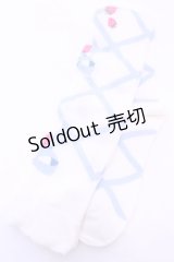 Lovely Tency / 眞白ありすコラボ/編み上げリボン風いちご柄オーバーニーソックス  シロ×サックス O-25-11-14-1050-LO-AC-OW-OS