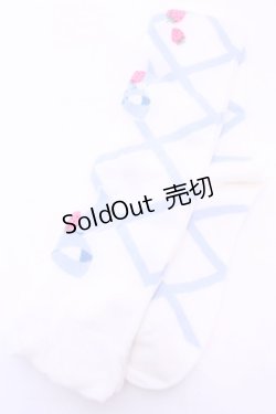 画像1: Lovely Tency / 眞白ありすコラボ/編み上げリボン風いちご柄オーバーニーソックス  シロ×サックス O-25-11-14-1050-LO-AC-OW-OS