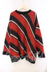 KMK / マルチカラーナナメストライプモッサライクふんわりビッグニット  レッド×ブラック O-25-11-15-059-PU-TO-IG-OS
