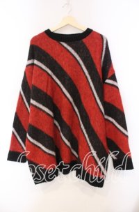 KMK / マルチカラーナナメストライプモッサライクふんわりビッグニット  レッド×ブラック O-25-11-15-059-PU-TO-IG-OS