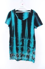 SEANA / ブリーチワイドUネックTシャツ Ｍ ブルー×ブラック O-25-11-15-063-PU-TS-IG-OS