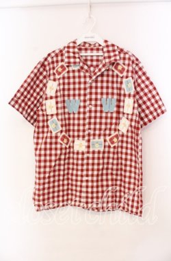 画像1: WONDERFUL WORLD / ロゴパッチギンガムシャツ  アカ×シロ O-25-11-17-026-LO-BL-IG-OS