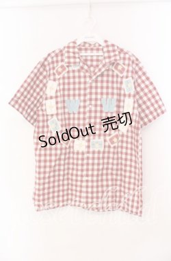 画像1: 【SALE】WONDERFUL WORLD / ロゴパッチギンガムシャツ  アカ×シロ O-25-11-17-026-LO-BL-IG-ZT447