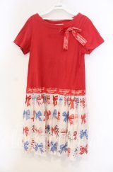 Jane Marple / The 30th Ribbonのトロンプルイユワンピース Ｍ アカ×アイボリー O-25-11-18-077-JM-OP-IG-OS