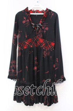 画像1: MAD / 薔薇十字架チェック切り替えワンピース M ブラック×レッド O-25-11-27-038-PU-OP-IG-OS