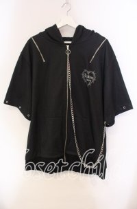 TRAVAS TOKYO / チェーン付きデザインZIPクマ半袖ジップアップパーカー  ブラック O-25-11-27-088-PU-TO-IG-ZT1211F