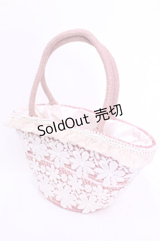 画像1: axes femme / フラワーレースストローバッグ  ピンク×アイボリー O-25-12-01-014-AX-BG-IG-ZT346 (1)