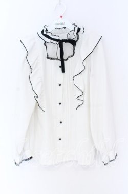 画像1: Rojita / デコルテ開きラッフルボリュームブラウス  シロ×クロ O-25-12-02-1051-LO-BL-IG-OS