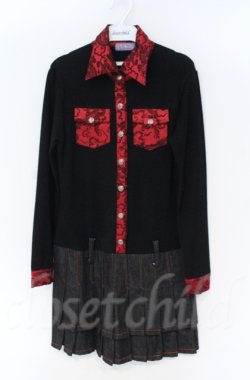 画像1: Qutie Frash / ドラゴンサテン切替デニムプリーツワンピース  ブラック×レッド O-25-12-03-012-QU-OP-OW-ZT068