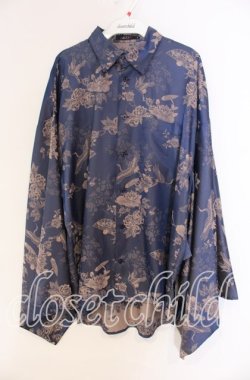 画像1: REZEN / 鶴×扇子ジャガード和袖シャツ M 孔雀青 O-25-12-04-040-PU-BL-OW-OS
