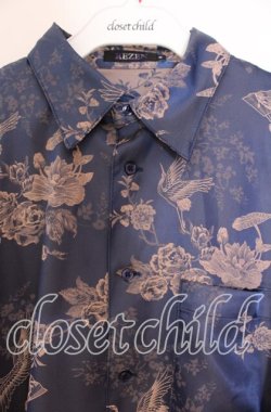 画像2: REZEN / 鶴×扇子ジャガード和袖シャツ M 孔雀青 O-25-12-04-040-PU-BL-OW-OS
