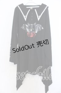 LISTEN FLAVOR / 薔薇と黒猫のコウモリセーラーワンピ  ブラック×ホワイト O-25-12-10-029-PU-OP-IG-OS