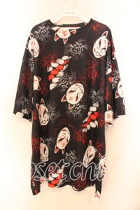 ACDC RAG / 狐面と彼岸花半袖チュニックヒュージＴシャツ  ブラック O-25-12-13-039-PU-TO-OW-OS