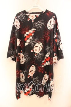 画像1: ACDC RAG / 狐面と彼岸花半袖チュニックヒュージＴシャツ  ブラック O-25-12-13-039-PU-TO-OW-OS